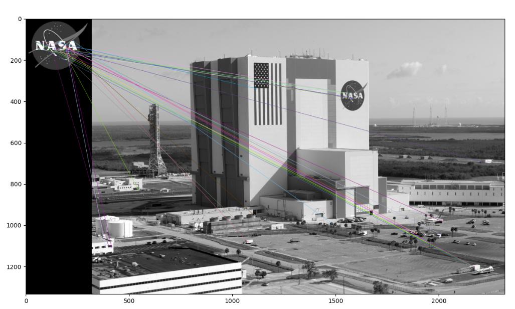 Figure 6.10: Matches between the NASA logo and the Kennedy Space Center, using brute-force matching