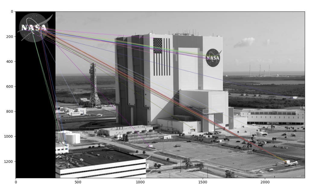 Figure 6.11: Matches between the NASA logo and the Kennedy Space Center, using brute-force KNN matching
