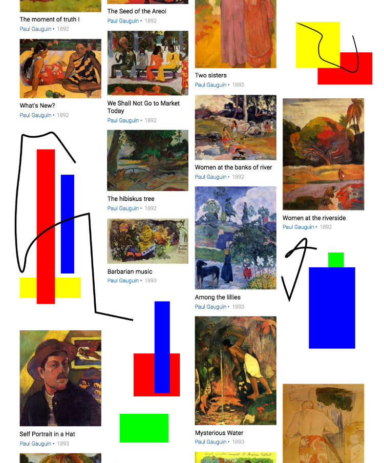 Figure 6.14: Haphazard shapes and various Gaugin paintings, to be used for keypoint descriptor matching