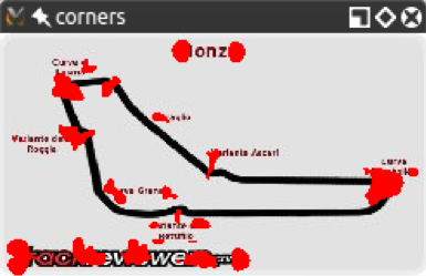 Figure 6.4: Corner detections in a smaller image of the F1 Italian Grand Prix track