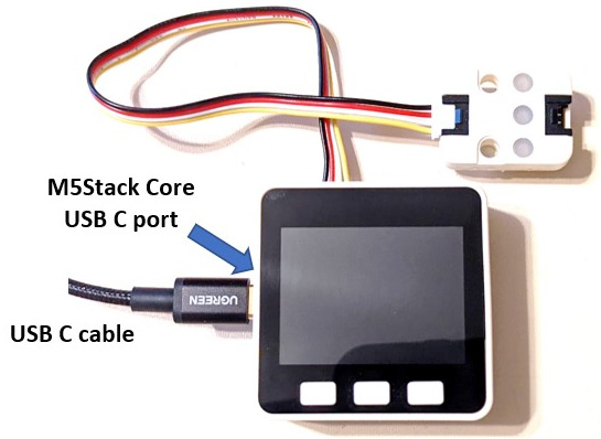 Figure 2.8 – Inserting a USB C cable into the M5Stack Core USB C port