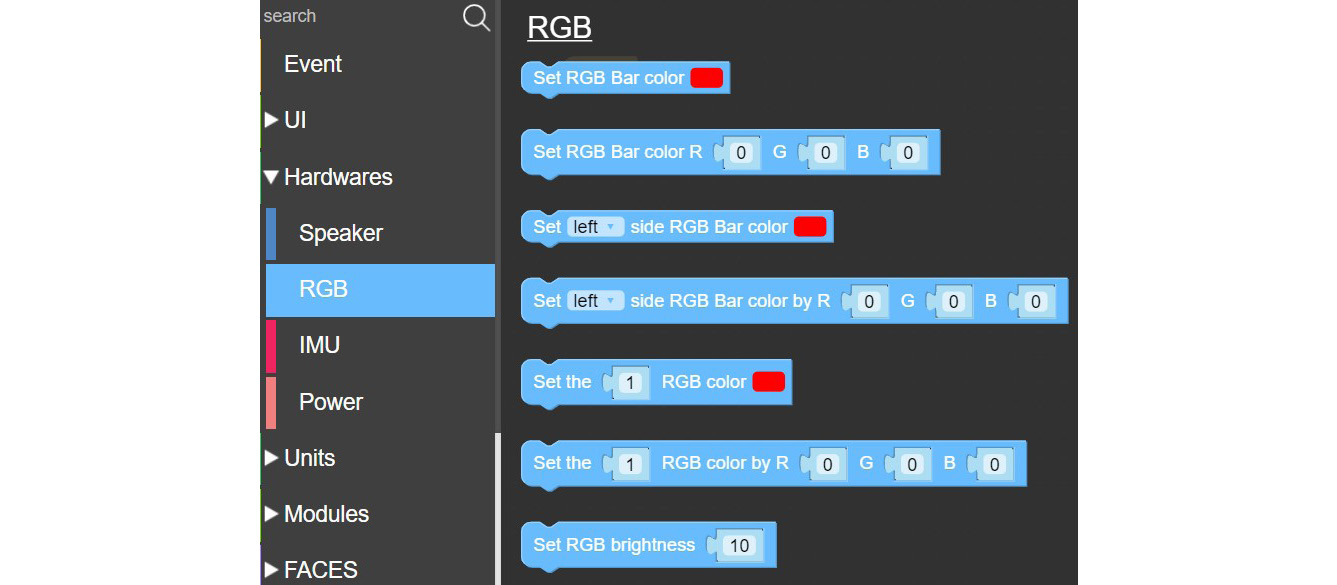 Figure 3.28 – RGB Blockly code block palette