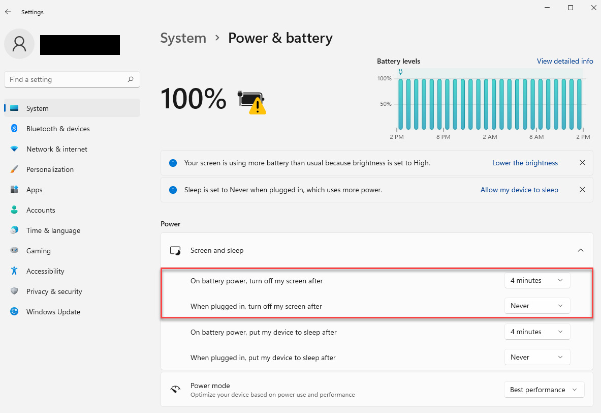 Figure 7.14 – Windows 11 Power & battery settings – changing the screen time setting
