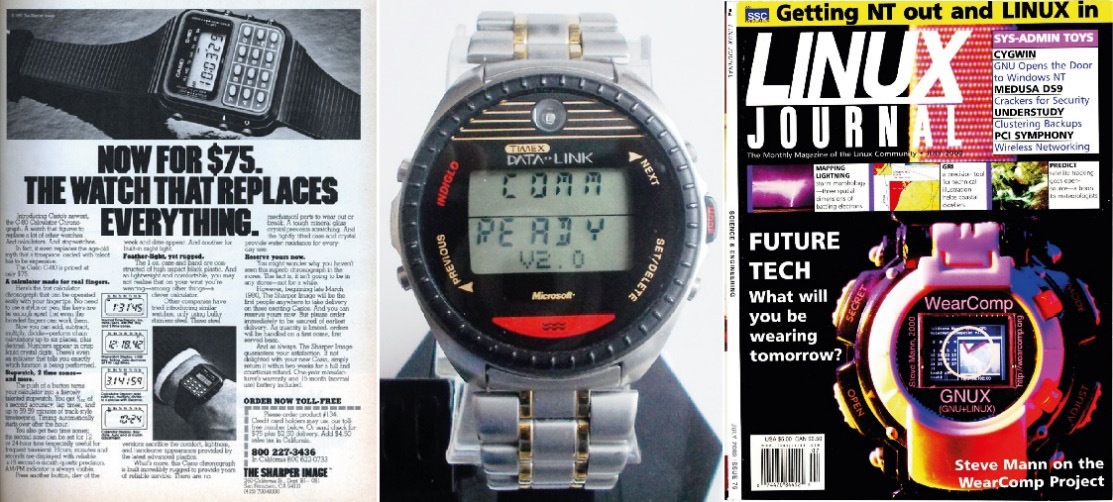 Figure 1.2 – Left to right: an advert for the C-80 Casio watch, the Timex Datalink, and Linux Magazine 
