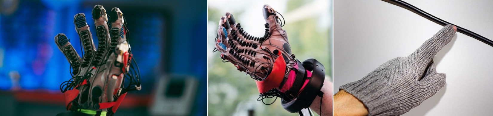 Figure 1.21 – Meta haptic VR glove, Meta Reality Labs (left) and Wire Sensing glove (right) (Photo Credit: Purdue University/Rebecca McElhoe)
