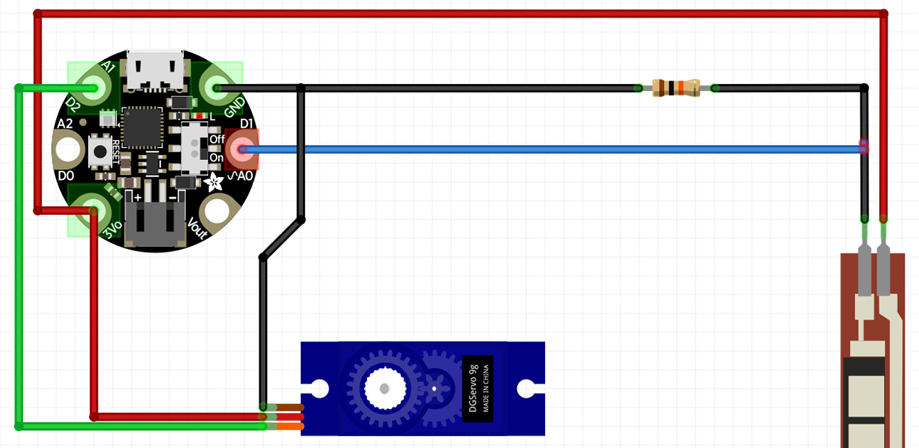 Figure 4.19 – The circuit with the Gemma M0 board, the flex sensor, and the servo motor
