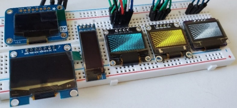 Figure 6.5 – A selection of OLED displays – SPI (left) and I2C (right)
