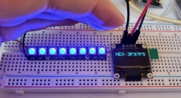 Figure 6.16 – The color sensor and two outputs – an OLED screen and NeoPixels
