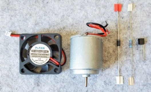 Figure 6.34 – DC motors for a circuit, a diode, a 270 Ω resistor, and a transistor
