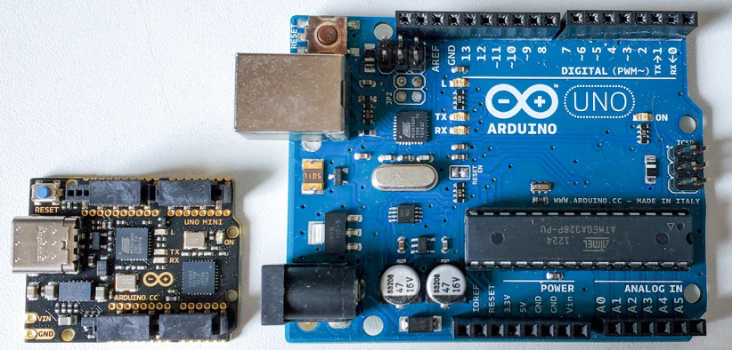 Figure 7.1 – An Arduino Uno microcontroller, the anniversary edition (left), and the R3

