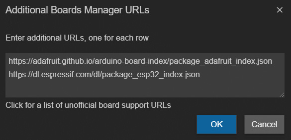 Figure 9.7 – The expanded boards manager URL window with the URLs shown
