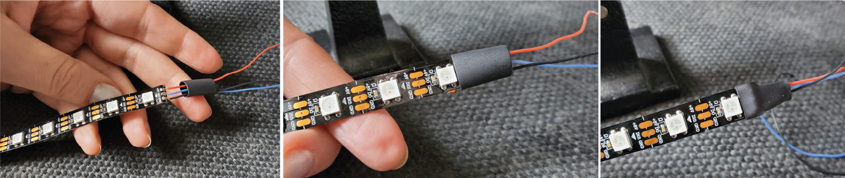 Figure 10.7 – Heat shrink on the end of NeoPixels, covering our soldered wire end
