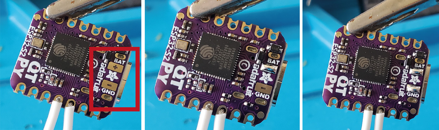 Figure 10.39 – Applying solder to battery pads
