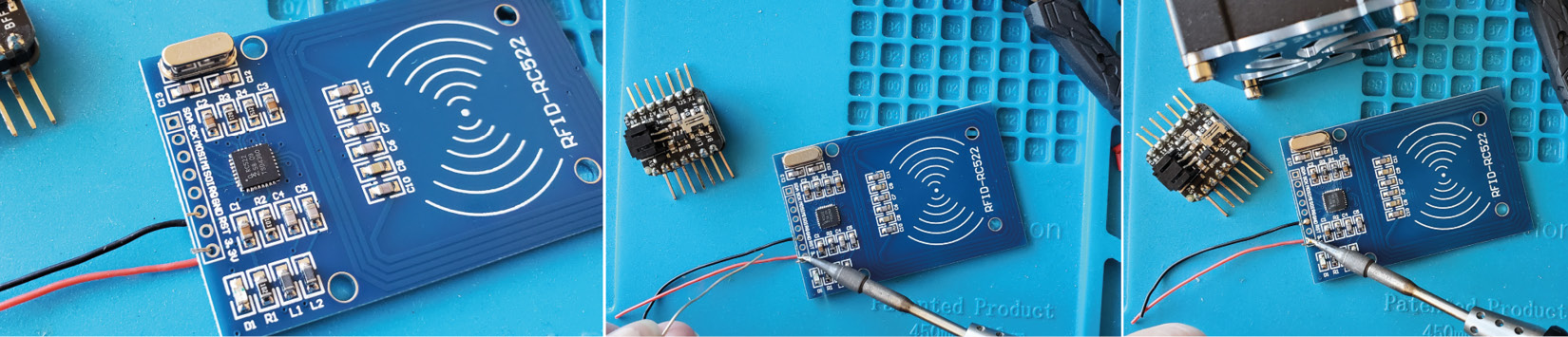 Figure 13.3 – Soldering the ground and power connections on the RFID reader
