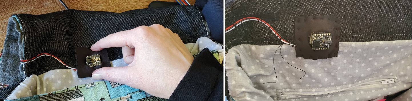 Figure 13.11 – Stitching neoprene (or fabric) around the board to hide the legs and our soldering
