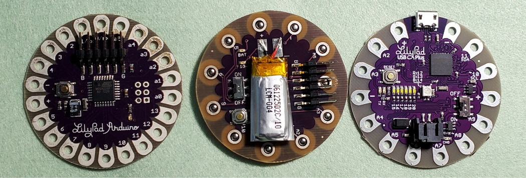 Figure 3.3 – LilyPad programmable boards – Main, Snap, and USB Plus
