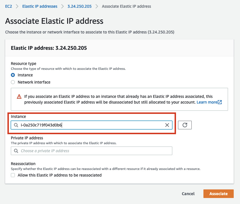 Figure 10.32 – Associating the Elastic IP address with the EC2 instance