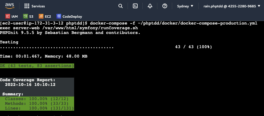 Figure 10.38 – Running a Symfony coverage test in EC2