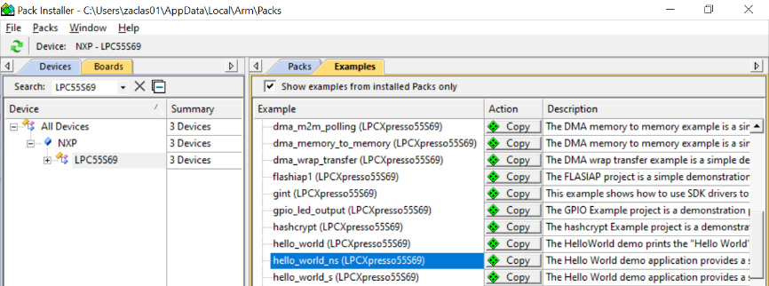 Figure 7.1 – The Pack Installer window with NXP LPC55S69 board examples 
