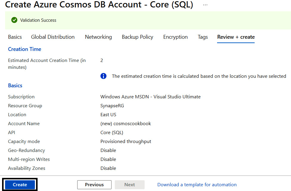Figure 4.11 – Review + create of Cosmos DB account
