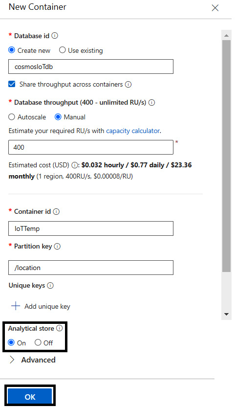 Figure 4.13 – Add a new container for the Cosmos DB account
