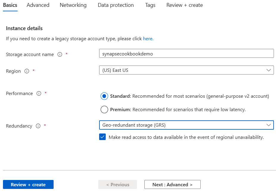 Figure 5.4 – Create a storage account – Basics tab
