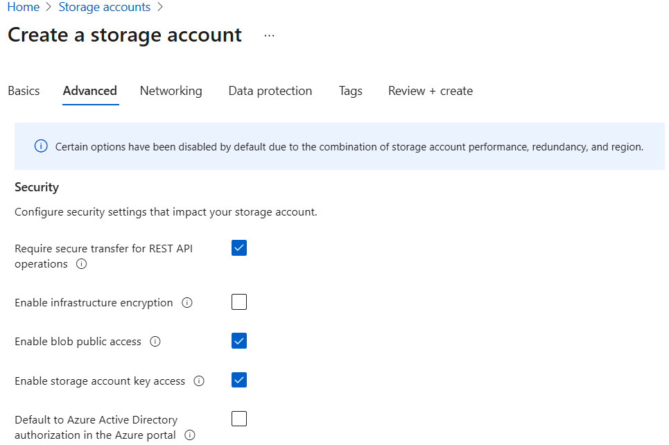 Figure 5.5 – Create a storage account – Advanced tab
