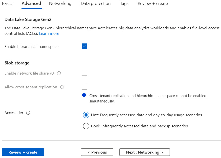 Figure 5.6 – Create a storage account – Advanced tab
