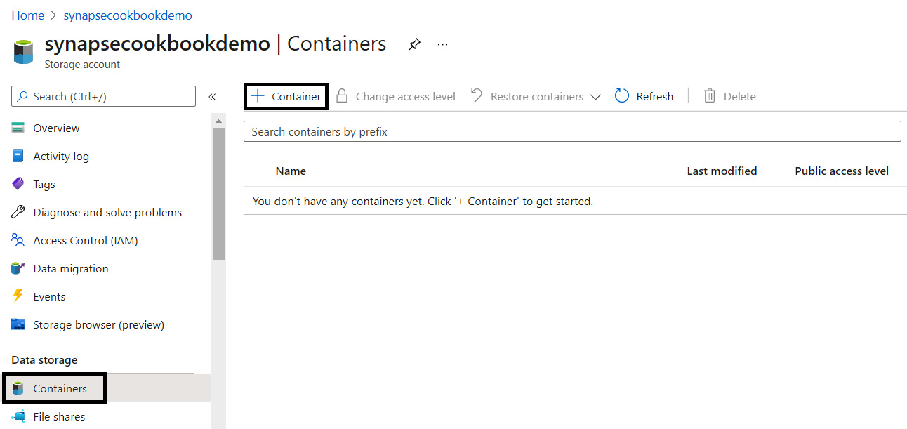 Figure 5.9 – Create a storage account – list of containers
