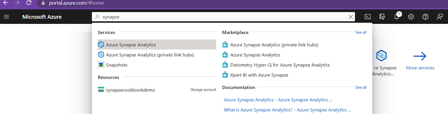 Figure 5.13 – Searching for Azure Synapse Analytics
