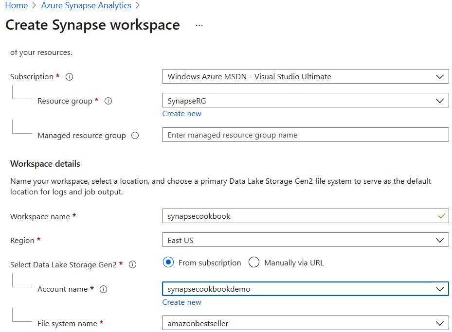 Figure 5.15 – Create Synapse workspace – Basics tab
