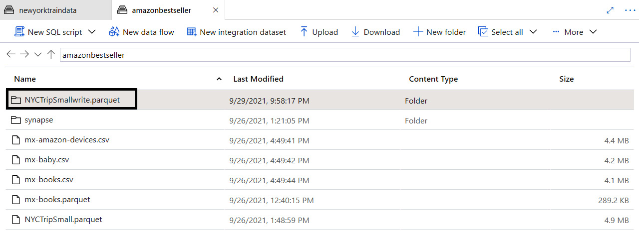 Figure 5.33 – Viewing the Parquet file written in code in the storage account
