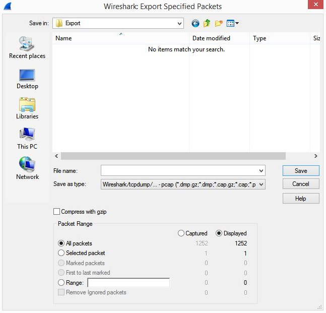 Figure 4.6 – The Export Specified Packets dialog box
