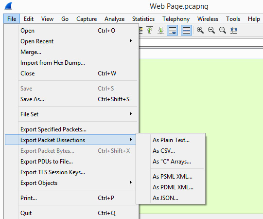 Figure 4.7 – The Export Packet Dissections menu
