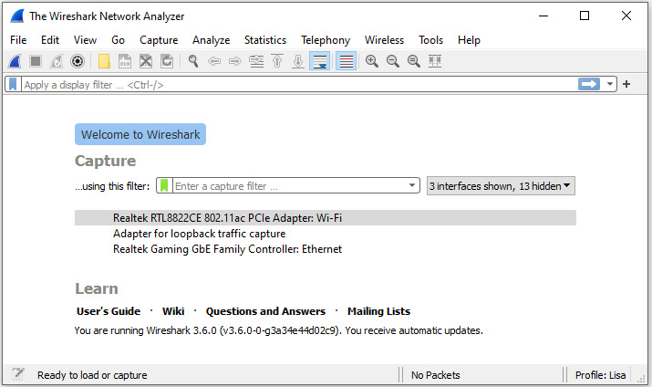 Figure 7.6 – Wireshark startup screen
