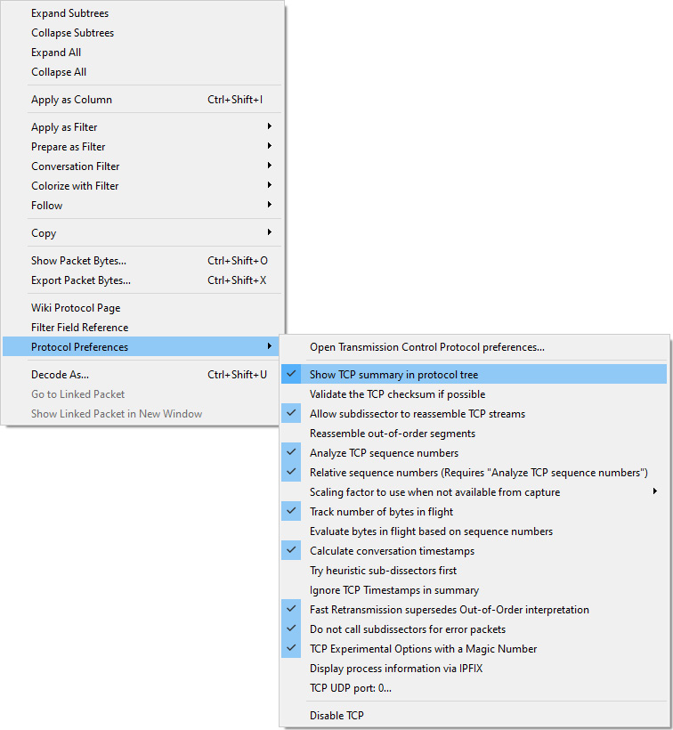 Figure 9.4 – Protocol preferences for TCP
