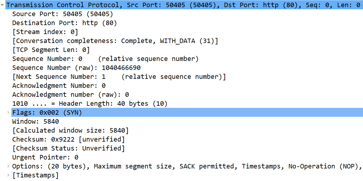 Figure 10.7 – The Flow312.pcapng TCP header in Frame 1
