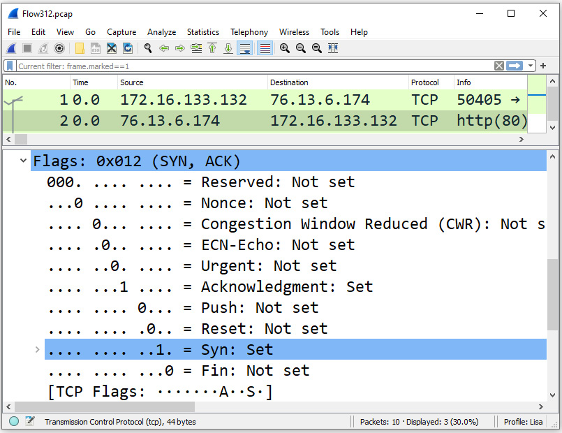 Figure 10.10 – Viewing the TCP SYN-ACK flags set
