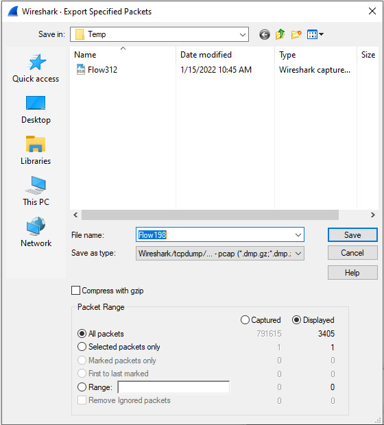 Figure 19.7 – Export Specified Packets window
