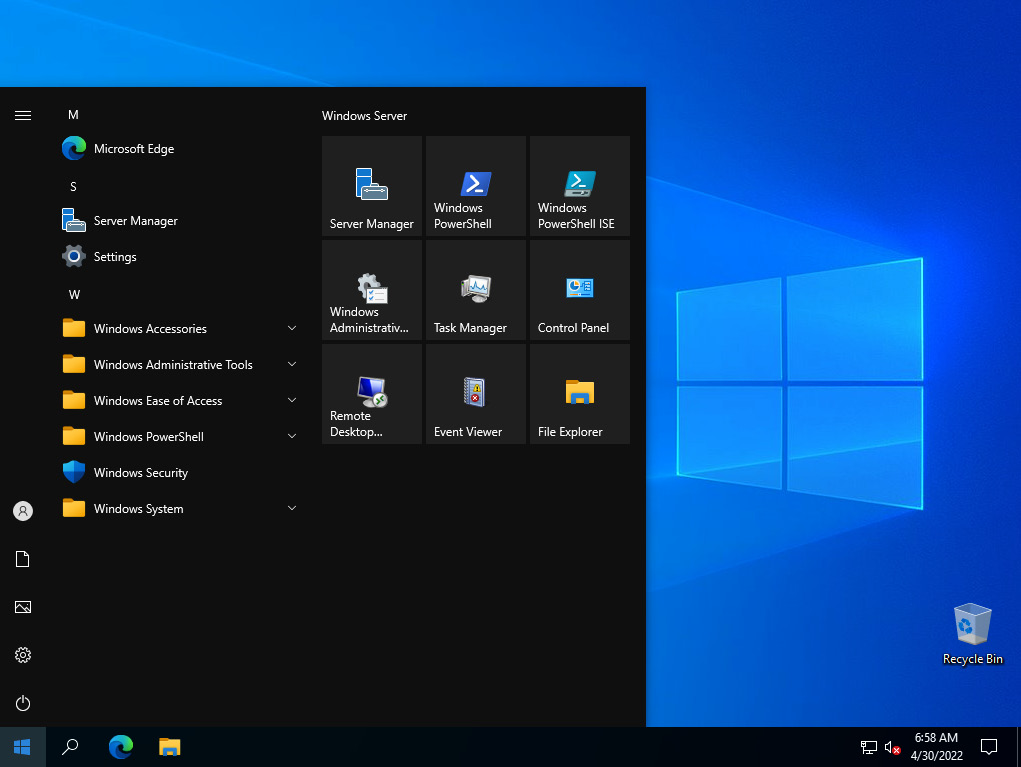 Figure 2.1 – Windows Server 2022 Desktop and Start menu
