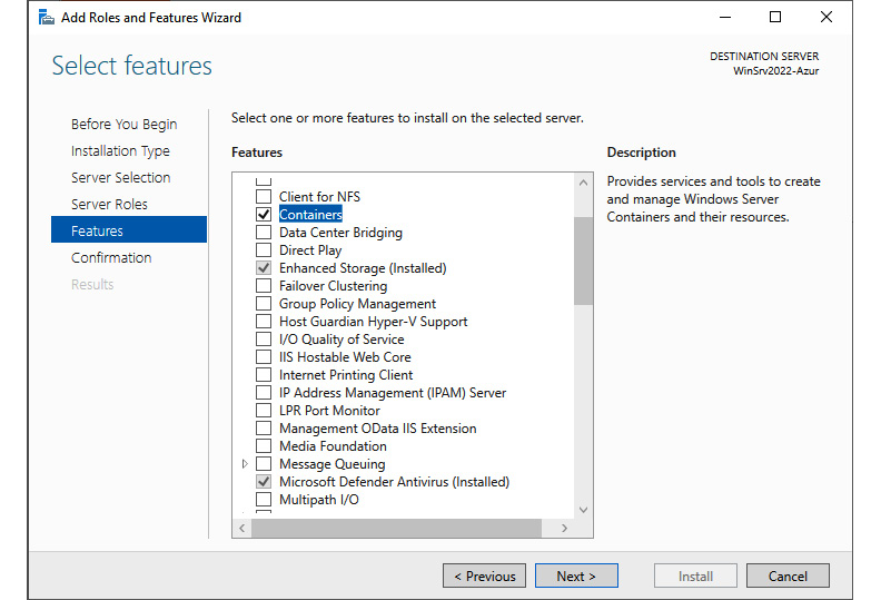 Figure 2.8 – Installing the Containers feature in Windows Server 2022
