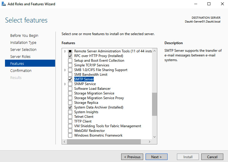 Figure 6.2 – Adding the SMTP Server feature to Windows Server 2022
