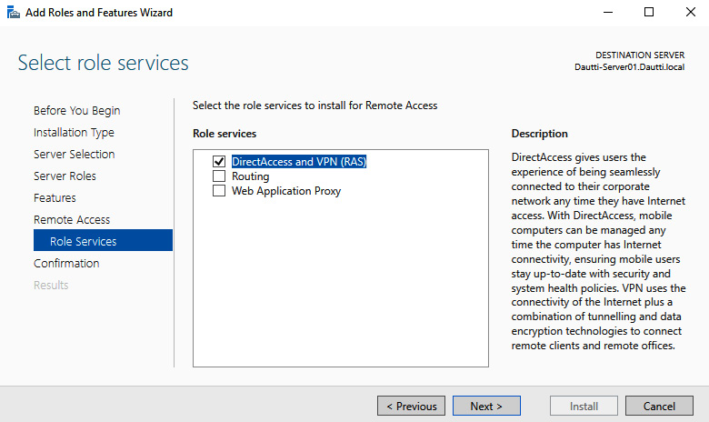 Figure 6.18 – Adding the DirectAccess and VPN (RAS) role services in Windows Server 2022
