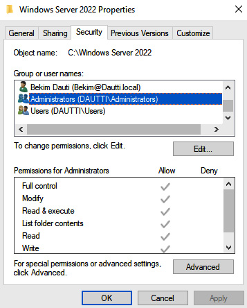 Figure 6.27 – NTFS permissions in Windows Server 2022
