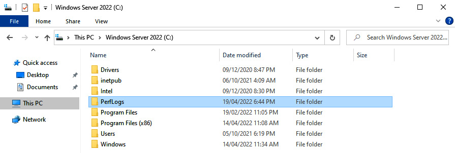 Figure 10.14 – PerfLogs folder in Windows Server 2022
