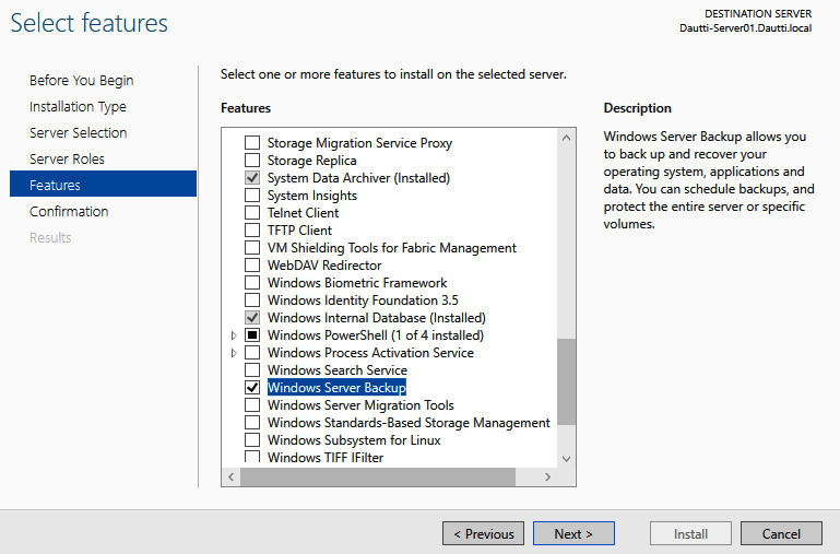 Figure 11.18 – Installing the Windows Server Backup feature
