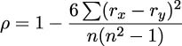  6∑ (rx − ry)2 ρ = 1− -----2------- n(n − 1) 