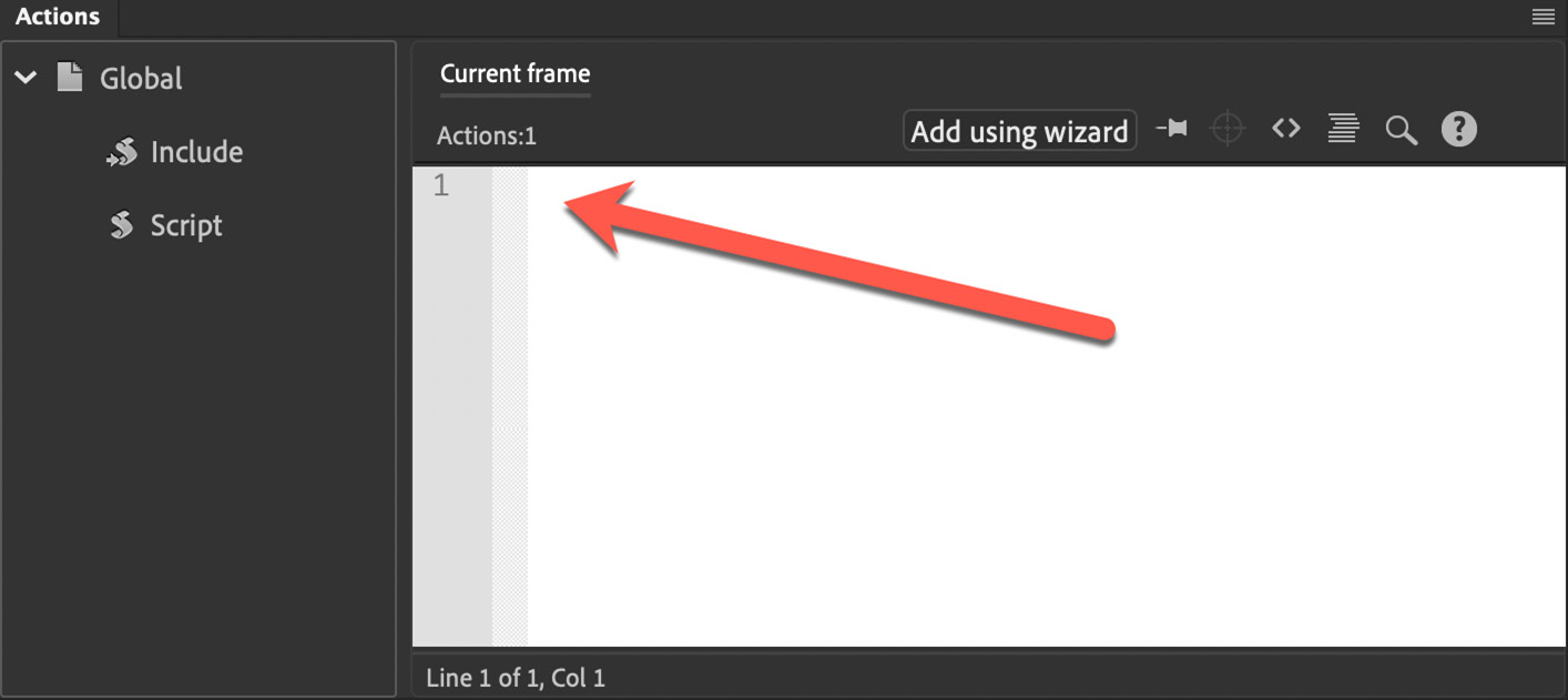 Figure 11.23 – The Actions panel should display "Current frame" and "Actions:1"
