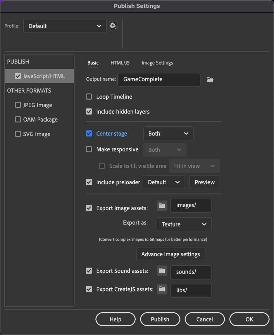 Figure 11.25 – HTML5 Canvas – Publish Settings
