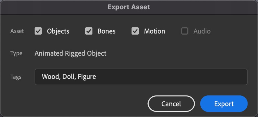 Figure 8.38 – Saving a rig for reuse as an Animate asset
